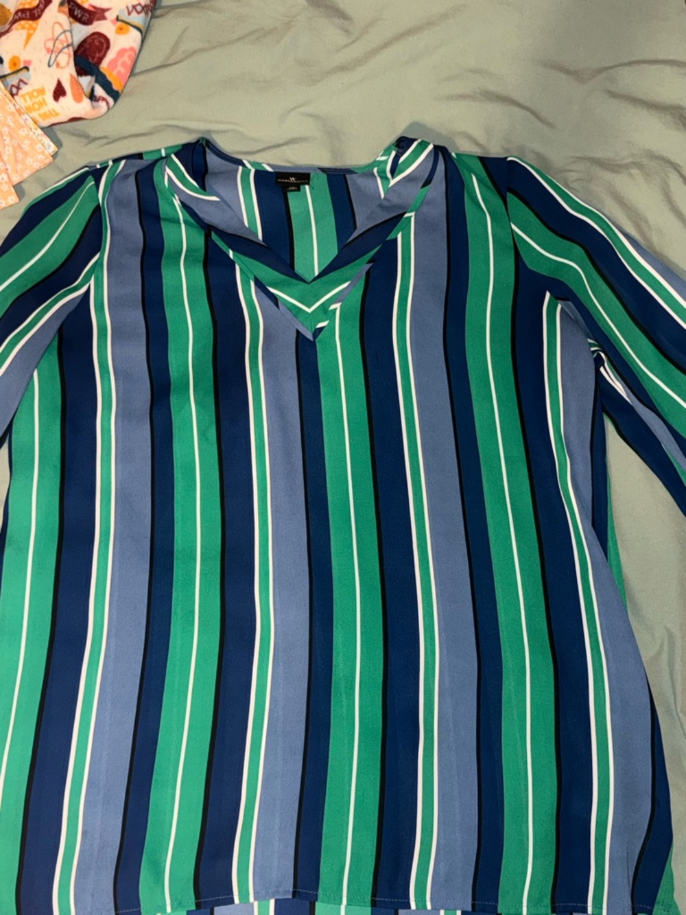 Worthington Green and Blue Striped V-Neck Blouse